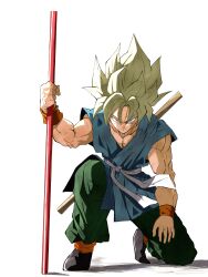  1boy absurdres blonde_hair blue_tunic dougi dragon_ball dragon_ball_z full_body green_eyes green_pants highres holding holding_staff muscular muscular_male pants pato007711 ruyi_jingu_bang simple_background solo son_goku spiky_hair staff super_saiyan super_saiyan_1 tunic white_background 