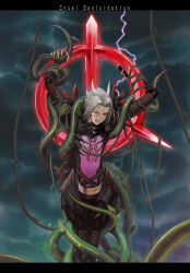  .hack// .hack//g.u. .hack//games 1boy armor artist_collaboration black_armor facial_tattoo haseo_(.hack//) highres lightning male_focus one_eye_closed plant pngheavy solo spiky_hair tattoo theholeyness vines white_hair 