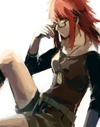  1girl adjusting_eyewear belt black-framed_eyewear black_boots black_sweater boots breasts brown_eyes commentary_request dog_tags elbow_rest facing_to_the_side feet_out_of_frame gangsta ginger_(gangsta) green_belt green_eyes green_shorts hand_on_ground hand_rest knee_boots knee_up knees_out_of_frame leaning_back lemontea long_sidelocks looking_to_the_side medium_breasts on_ground out_of_frame red_hair semi-rimless_eyewear short_shorts shorts sidelocks sitting sleeves_rolled_up sweater under-rim_eyewear 