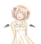  :d ^_^ arms_behind_back blonde_hair blush closed_eyes detached_wings dress eyes_closed hairband head_tilt megumu mini_wings open_mouth original short_hair simple_background sketch smile solo white_background wings 