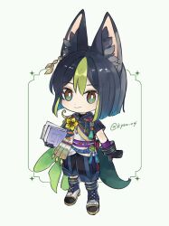  1boy animal_ear_fluff animal_ears artist_name asymmetrical_sleeves black_gloves black_hair black_pants blue_boots blue_pants blunt_ends blush bob_cut book boots brown_eyes cape capri_pants chibi chibi_only closed_mouth commentary_request drawstring earrings flower fox_boy fox_ears fox_tail genshin_impact gloves gold_earrings green_cape green_eyes green_hair hair_between_eyes highres holding holding_book hood hood_down hoodie jewelry lace-up_boots long_sleeves looking_at_viewer male_focus mugi_(kyom_ugi) multicolored_eyes multicolored_hair multicolored_hoodie multicolored_pants pants pouch purple_sash rope sash short_hair short_sleeves simple_background single_earring smile solo streaked_hair tail tassel tighnari_(genshin_impact) twitter_username two-tone_eyes uneven_sleeves vision_(genshin_impact) white_background yellow_flower 