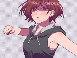  1girl andrian_januar_adilia armpit_crease bare_arms bare_shoulders black_hoodie breasts brown_hair clenched_hand commentary_request drawstring grey_background hair_ornament hairclip higuchi_madoka hood hoodie idolmaster idolmaster_shiny_colors incoming_attack incoming_punch indonesian_commentary looking_at_viewer mole mole_under_eye parted_lips polka_dot polka_dot_background punching shaded_face short_hair simple_background sleeveless sleeveless_hoodie solo upper_body v-shaped_eyebrows violet_eyes 