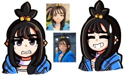  1girl black_eyes black_hair blue_jacket choker closed_eyes commentary cube_hair_ornament ear_piercing english_commentary eyelashes frown game_screenshot_inset grin hair_ornament highres hood hood_down hooded_jacket ikeychain jacket lida_(pokemon) long_hair multiple_expressions multiple_views open_clothes open_jacket piercing pokemon pokemon_legends:_z-a reference_inset screenshot_inset shirt simple_background smile sweatdrop teeth white_background white_choker white_shirt 