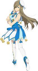  1girl alternate_costume arm_up artist_request blue_boots blue_bow blue_dress blue_eyes blue_gloves boots bow breasts brown_hair closed_mouth cosplay dress fingerless_gloves from_behind full_body game_cg gloves hair_over_one_eye hand_on_own_elbow hat highres idol idol_clothes idolmaster idolmaster_(classic) idolmaster_platinum_stars large_breasts long_hair looking_at_viewer official_art single_glove sleeveless sleeveless_dress smile solo standing tales_of_(series) tales_of_asteria tales_of_the_abyss tear_grants tear_grants_(idol) thigh-highs third-party_source transparent_background twinkle_star_(idolmaster) white_hat white_thighhighs 