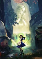  1girl alice:_madness_returns alice_liddell_(american_mcgee's_alice) american_mcgee's_alice apron black_boots black_hair blood blood_on_clothes blue_butterfly blue_dress boots breasts bug butterfly commentary dress full_body hands_on_own_cheeks hands_on_own_face highres long_hair medium_breasts outdoors pantyhose parted_lips puffy_short_sleeves puffy_sleeves shirohakune short_sleeves standing striped_clothes striped_pantyhose tree water waterfall white_apron 