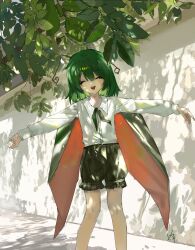  1girl absurdres antennae black_cape black_shorts cape chinese_commentary closed_eyes collared_shirt commentary_request day facing_viewer green_hair highres jin_jin_jin_jin long_sleeves looking_at_viewer open_mouth outdoors outstretched_arms red_cape shirt shorts signature smile solo spread_arms touhou tree two-sided_cape two-sided_fabric white_shirt wriggle_nightbug 