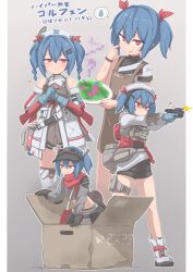  1girl ;q absurdres apron bare_shoulders black_gloves black_shorts blue_gloves blue_hair box brown_apron cardboard_box casing_ejection censored censored_food colphne_(girls'_frontline_2) colphne_(silent_heart)_(girls'_frontline_2) commentary_request elmo_dormitory_outfit firing girls'_frontline_2:_exilium girls_frontline gloves glowing glowing_eyes goggles goggles_on_headwear grey_background gun hair_between_eyes hat highres holding holding_gun holding_weapon long_sleeves looking_at_viewer midriff mosaic_censoring multiple_views nurse_cap official_alternate_costume one_eye_closed player193 red_eyes serious shell_casing shorts simple_background smile spoken_sweatdrop sweatdrop taurus_curve tongue tongue_out translation_request twintails visor_cap weapon white_hat 