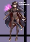  anklet black_hair bodysuit book bracelet breasts cape cleavage fire_emblem fire_emblem:_kakusei gan_(shanimuni) headdress high_heels highres jewelry loincloth long_hair magic navel purple_background red_eyes sarja shoes solo title_drop two_side_up 