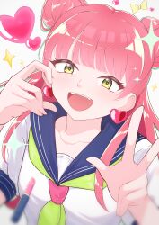  1girl :d absurdres blue_sailor_collar commentary cosmetics double_bun earrings enpixi green_eyes green_neckerchief hair_bun half-heart_hands hands_up heart heart_earrings highres jewelry lipstick_tube long_hair looking_at_viewer neckerchief open_mouth pink_hair sailor_collar sailor_shirt school_uniform seihantai_na_kimi_to_boku shirt short_sleeves smile solo suzuki_miyu upper_body w white_shirt wispy_bangs 
