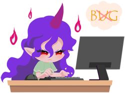  1girl artist_request closed_mouth computer_keyboard computer_mouse desk english_text fire frown game_cg green_shirt horns lowres monitor non-web_source official_art pointy_ears purple_hair purple_horns red_ribbon ribbon self-datamine shirt single_horn solo tenkajin_chiyari tohotopia touhou transparent_background 