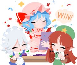  3girls :3 alternate_costume apron artist_request basket bat_wings beret black_ribbon blue_hair bow braid closed_eyes closed_mouth computer_keyboard computer_mouse confetti desk english_text facing_viewer game_cg green_bow green_hat green_skirt green_vest grey_hair hair_bow hat hat_ornament hat_ribbon hong_meiling izayoi_sakuya long_hair maid maid_headdress mob_cap monitor multiple_girls neck_ribbon non-web_source official_art open_mouth pink_hat pink_shirt pink_skirt puffy_short_sleeves puffy_sleeves red_hair remilia_scarlet ribbon self-datamine shirt short_sleeves skirt smile star_(symbol) star_hat_ornament tohotopia touhou transparent_background twin_braids very_long_hair vest waist_apron white_shirt wings wrist_cuffs 