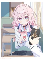  2girls black_choker black_skirt blazer blue_bow blue_bowtie blue_eyes bow bowtie chair choker classroom contrast_collar desk drink_carton drinking_straw female_pov graphia_academy_school_uniform highres holding holding_juice_box holding_phone honkai:_star_rail honkai_(series) indoors jacket juice_box long_hair long_sleeves looking_at_viewer march_7th_(honkai:_star_rail) multicolored_eyes multiple_girls official_alternate_costume on_chair phone pink_eyes pink_hair pleated_skirt pov pov_hands school_chair school_desk school_uniform shirt sitting skirt stelle_(honkai:_star_rail) trailblazer_(honkai:_star_rail) twitter_username two-tone_eyes uwasewau white_jacket white_shirt window 