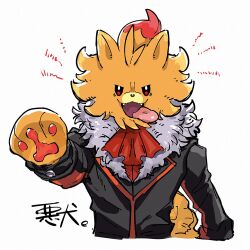  angry black_suit commentary_request cosplay fangs looking_at_viewer lysandre_(pokemon) lysandre_(pokemon)_(cosplay) open_mouth orange_fur pawpads pokemon pokemon_ww pokemon_xy pombon signature somomo2022 suit tail tongue tongue_out white_background 