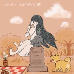  1girl animal armpit_crease bare_arms barefoot black_cat black_eyes black_hair bright_pupils cat character_name chocolate_chip_cookie circle_facial_mark closed_mouth clouds colored_skin cookie dog dress egret_orchid english_text facial_mark finger_to_mouth flower food from_side full_body ghost grass hair_behind_ear hand_up happy_birthday hashtag-only_commentary hector_(omori) index_finger_raised long_hair mari_(omori) mari_(spirit)_(omori) mewo omori orange_sky outdoors picnic_blanket profile short_sleeves sitting sky smile solo spoilers straight_hair sun_iiinu tareme toes tombstone tree tree_stump very_long_hair white_dress white_flower white_pupils white_skin 