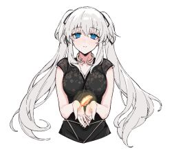  1girl agemono_(agemonoooooo) bare_arms black_dress blue_eyes braid breasts breasts_squeezed_together cropped_torso cupping_hands dress feathers long_hair looking_at_viewer mabinogi medium_breasts nao_(mabinogi) no_pupils own_hands_together parted_lips short_sleeves simple_background single_braid solo straight-on twintails upper_body white_background white_hair 