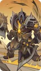  1boy armor armored_boots axe bad_source battle_axe black_boots black_serpent_knight_(genshin_impact) boots chain crack cracked_floor dual_wielding fighting_stance full_armor gauntlets genius_invokation_tcg_(style) genshin_impact helm helmet holding holding_axe holding_weapon knight looking_at_viewer male_focus official_art pauldrons shoulder_armor solo spiked_pauldrons spikes standing vambraces weapon 