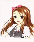  :d airunion blush bow brown_hair hairband idolmaster long_hair marker_(medium) minase_iori open_mouth pink_eyes shikishi smile solo traditional_media 