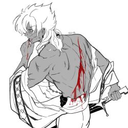  1boy bleeding blood blood_on_clothes blood_on_face blood_on_hands commentary_request cuts dirty dirty_face earrings greyscale highres holding holding_sword holding_weapon injury jab_pig jewelry korean_commentary long_hair magi_the_labyrinth_of_magic male_focus monochrome profile sharrkan simple_background solo spot_color sword toned toned_male torn_clothes upper_body weapon white_background wiping_mouth 
