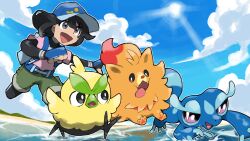  1girl backpack bag beach black_bodysuit black_hair blacknirrow blue_bag blue_gloves blue_hat blue_skin blue_sky bodysuit bodysuit_under_clothes bright_pupils browt clouds colored_skin fangs feathers female_protagonist_(pokemon_ww) fingerless_gloves gecqua gloves green_shorts grey_eyes hat highres layered_sleeves long_sleeves ocean open_mouth orange_fur outdoors pink_shirt pokemon pokemon_(creature) pokemon_ww pombon shirt short_hair short_over_long_sleeves short_sleeves shorts sky smile starter_pokemon_trio tongue tongue_out water white_pupils yellow_feathers 