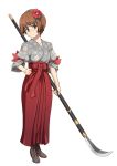  blue_door brown_hair flower full_body green_eyes hair_flower hair_ornament hakama highres japanese_clothes miko naginata original polearm short_hair simple_background smile solo weapon white_background 