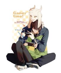  1boy 1other adoptive_siblings androgynous asriel_dreemurr bad_link blue_coat coat controller deltarune game_controller goat_boy handheld_game_console head_rest highres hikokisleep247 holding holding_controller holding_game_controller kris_(deltarune) leaning_on_person on_ground sitting sitting_on_lap sitting_on_person striped_clothes striped_sweater sweater undertale utdr_(toby_fox) 