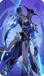  1boy abyss_herald_(genshin_impact) arm_blade armor bad_source black_skin blue_gem blue_skin claws clouds colored_skin dual_wielding energy_blade floating_island gem genius_invokation_tcg_(style) genshin_impact gold_trim helmet holding looking_at_viewer male_focus official_art outdoors pelvic_curtain sky solo spikes standing vambraces water water_drop weapon 