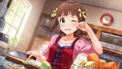  1girl amami_haruka blush bow brown_hair card_commentary carrot commentary_request cutting_onions day dutch_angle game_cg green_eyes hair_bow hand_up holding holding_knife idolmaster idolmaster_(classic) idolmaster_million_live! idolmaster_million_live!_theater_days indoors kitchen kitchen_knife knife multiple_hair_bows official_art one_eye_closed onion short_hair solo sunlight tears third-party_source window yellow_bow 