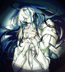  2boys ahoge alternate_costume bandaged_arm bandages black_hair blonde_hair blue_eyes blue_hair buckle cookie_run cookie_run:_kingdom facial_tattoo highres hug implied_yaoi looking_at_viewer male_focus multicolored_hair multiple_boys pajamas pure_vanilla_cookie shadow_milk_cookie shipduck13 short_hair sidelocks smile spotlight straitjacket sweat tattoo white_hair white_pajamas yellow_eyes 