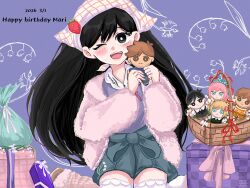  1girl alternate_costume aubrey_(faraway)_(omori) aubrey_(omori) basil_(faraway)_(omori) basil_(omori) basket black_eyes black_hair blue_shorts blush box bright_pupils character_doll character_name collared_shirt commentary dated doll egret_orchid english_commentary flower gift gift_box happy_birthday headscarf hero_(faraway)_(omori) hero_(omori) highres holding holding_stuffed_toy jacket kel_(faraway)_(omori) kel_(omori) lily_of_the_valley long_sleeves looking_at_viewer mari_(birthday)_(omori) mari_(faraway)_(omori) mari_(omori) moka_00010 omori one_eye_closed open_clothes open_jacket open_mouth purple_shirt shirt shorts sitting smile solo stuffed_toy sunny_(omori) teeth thigh-highs tongue upper_teeth_only wariza white_headscarf white_jacket white_pupils white_thighhighs 