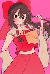  1girl absurdres ascot blush booonyanyanya bow brown_eyes brown_hair closed_mouth commentary detached_sleeves frilled_hair_tubes frills hair_bow hair_tubes hakurei_reimu highres long_hair looking_at_viewer midriff_peek navel pink_background red_bow red_skirt skirt skirt_set solo touhou yellow_ascot 
