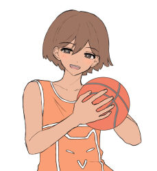  1boy :d bare_arms bare_shoulders blush bright_pupils brown_eyes brown_hair collarbone commentary_request double-parted_bangs fingernails flat_color from_below hair_behind_ear hair_between_eyes half-closed_eyes hands_up highres kel_(faraway)_(omori) kel_(omori) looking_at_viewer male_focus omori open_mouth orange_tank_top short_hair simple_background smile solo tank_top tareme true_erg upper_body white_background white_pupils white_trim 