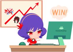  1girl artist_request blush closed_mouth computer_keyboard computer_mouse desk english_text game_cg hair_ornament houraisan_kaguya layered_sleeves leaf_hair_ornament long_sleeves medium_hair mirror monitor non-web_source official_art purple_hair red_eyes remilia_scarlet rope self-datamine short_over_long_sleeves short_sleeves smile solo tohotopia touhou transparent_background yasaka_kanako 