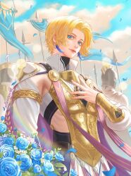  1boy 2others alientomoe armor armpit_cutout avidius_(wuthering_waves) banner battle_standard blonde_hair blue_eyes blue_flower blue_rose blue_sky breastplate cape closed_eyes clothing_cutout clouds cloudy_sky commentary earrings falling_petals feather_earrings feathers flower hand_on_own_chest helmet highres jewelry lips looking_at_viewer male_focus multiple_others petals polearm purple_cape rose shirt short_hair sky soldier solo spear war_banner weapon white_shirt wuthering_waves 