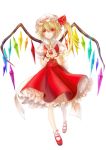  absurdres apple ascot blonde_hair bobby_socks erjiu flandre_scarlet food fruit hat highres long_hair mary_janes red_eyes shoes side_ponytail simple_background smile socks solo touhou white_background wings wrist_cuffs 