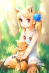  animal_ears artist_request bare_shoulders belt blonde_hair cat cat_ears collarbone dress flower grass green_eyes grin hair_flower hair_ornament holding lowres red_eyes rose rose_pacifica sitting smile solo striped sword_girls 
