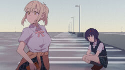  2girls asaka_karin blonde_hair blue_eyes blue_hair blue_shirt blue_skirt blue_vest brown_eyes brown_jacket brown_shoes cellphone clothes_around_waist commentary gradient_sky green_ribbon grey_socks highres holding holding_phone jacket jacket_around_waist liminal_space looking_afar looking_at_viewer love_live! love_live!_nijigasaki_high_school_idol_club masami_atabe miyashita_ai multiple_girls neck_ribbon nijigasaki_school_uniform orange_sky outdoors parking_lot phone ponytail purple_sky red_ribbon ribbon school_uniform shirt shoes skirt sky smartphone socks squatting summer_uniform twilight vest 