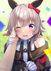  1girl 1other animal_ears bare_shoulders black_hairband blush bow breasts coat commentary_request confetti curren_chan_(fille_eclair)_(umamusume) curren_chan_(umamusume) dress ear_bow ear_covers gloves grey_hair hairband hanabe_(airutu0830_1) hand_on_another's_cheek hand_on_another's_face highres horse_ears horse_girl long_sleeves looking_at_viewer off-shoulder_coat off-shoulder_dress off-shoulder_jacket off_shoulder one_eye_closed open_mouth red_bow short_hair smile striped_clothes striped_dress teeth umamusume vertical-striped_clothes vertical-striped_dress violet_eyes white_gloves 