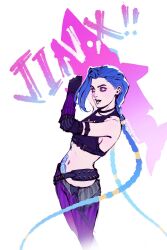  1girl arcane:_league_of_legends arcane_jinx artist_name bare_shoulders black_choker black_gloves black_shirt blue_hair braid breasts character_name choker cloud_tattoo commentary cowboy_shot crop_top elbow_gloves english_commentary fingerless_gloves gloves highres jinx_(league_of_legends) league_of_legends long_hair medium_breasts midriff navel open_mouth pants pink_eyes shirohakune shirt sideboob single_elbow_glove solo stomach_tattoo striped_clothes striped_pants tattoo twin_braids very_long_hair white_background 