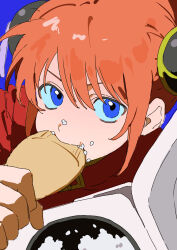  1girl 333takoyaki absurdres bun_cover china_dress chinese_clothes double_bun dress eating food gintama hair_bun highres kagura_(gintama) orange_hair solo 