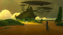  1girl 2others antlers beach boots boulder bow_(weapon) clouds cloudy_sky commentary english_commentary from_behind highres holding holding_bow_(weapon) holding_weapon horns house hut landscape looking_at_another multiple_others ocean original outdoors painterly raja_nandepu robe rock sand scenery sky sunlight tribal weapon white_robe wind 