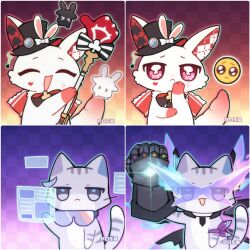  absurdres animal_ears animalization artist_name bow butterfly-shaped_pupils cat_ears cat_tail chinese_commentary commentary_request emoji facial_mark fluffy_tail ganleneng gauntlets glasses grey_eyes hammer hat highres honkai:_star_rail honkai_(series) pink_eyes pleading_face_emoji rabbit_ears ribbon silver_wolf_(elation)_(honkai:_star_rail) silver_wolf_(honkai:_star_rail) single_gauntlet smile sparkle_(honkai:_star_rail) sparxie_(honkai:_star_rail) symbol-shaped_pupils tail thumbs_up white_fur 