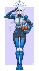  1girl absurdres ahoge armor artist_logo blue_archive blue_eyes blue_halo braid commentary_request commission cosplay full_body halo helmet highres holding holding_unworn_helmet kamen_rider kamen_rider_agito_(series) kamen_rider_g3 kamen_rider_g3_(cosplay) kirino_(blue_archive) logo long_hair looking_at_viewer noonnoon531 open_mouth salute smile solo twin_braids unworn_headwear unworn_helmet white_hair 