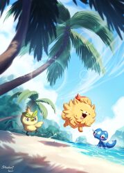  absurdres beach blue_skin blue_sky browt closed_eyes closed_mouth colored_skin fangs feathers gecqua highres hoishere7 no_humans ocean open_mouth orange_fur outdoors palm_tree pokemon pokemon_(creature) pokemon_focus pombon sky smile starter_pokemon_trio tail tongue tongue_out tree water yellow_feathers 