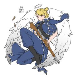  1girl angel_wings black_boots black_shirt blonde_hair blue_cape blue_jacket blue_pants boots breasts brown_eyes bullet cape earrings floating full_body fullmetal_alchemist gun halo holding holding_gun holding_weapon jacket jacket_on_shoulders jewelry medium_breasts medium_hair military_jacket military_uniform pants rifle riza_hawkeye rmaqkfwnj shell_casing shirt solo stud_earrings traditional_halo turtleneck updo waist_cape weapon white_background white_trim wings 