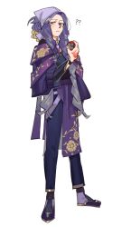  1boy ? ?? alternate_costume black_pants black_shirt blue_eyes closed_mouth commentary curly_hair english_commentary full_body gem half_updo headscarf highres holding holding_poke_ball long_hair looking_at_viewer male_focus melli_(pokemon) pants poke_ball pokemon pokemon_legends:_arceus purple_gem purple_hair purple_headscarf purple_shoes purple_sleeves raliciel shirt shoes simple_background solo standing white_background 