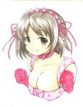  airunion blush breasts brown_eyes brown_hair cleavage clenched_hands collarbone gloves hairband idolmaster idolmaster_cinderella_girls large_breasts marker_(medium) mimura_kanako polka_dot ribbon shikishi smile solo traditional_media 