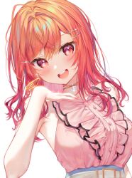  1girl :d ahoge aimi_(mimi_nii2) arm_at_side armpits bare_arms bare_shoulders belt black_trim blue_pants blush breasts buttons center_frills crossed_bangs cutout_eyelashes dot_nose double-parted_bangs frills from_below gem gold_choker gradient_hair hair_between_eyes hair_intakes hair_ornament hair_over_shoulder hand_on_own_chest hand_up hashtag-only_commentary highres hololive hololive_dev_is huge_ahoge ichijou_ririka ichijou_ririka_(1st_costume) light_particles lips long_hair medium_breasts multicolored_eyes multicolored_hair nail_polish orange_hair pants pink_eyes pink_shirt red_eyes red_hair red_nails round_teeth shirt shirt_tucked_in sidelocks simple_background sleeveless sleeveless_shirt smile solo sparkle teeth tongue tsurime turning_head two-tone_eyes two-tone_hair upper_body upper_teeth_only virtual_youtuber white_background white_belt 
