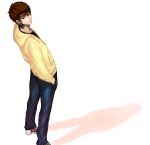  bad_id brown_eyes brown_hair casual cross_earrings earrings fate/zero fate_(series) hands_in_pockets hoodie jeans jewelry kotomine_kirei lastholiday0316 male shoes simple_background sneakers white_background 