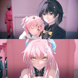  2girls adoptive_parent_and_adoptive_child aemeath_(wuthering_waves) asymmetrical_footwear before_and_after child commentary_request duplicate female_rover_(wuthering_waves) long_hair meme mother_and_daughter multiple_girls pink_hair rover_(wuthering_waves) squid_game star-shaped_pupils star_(symbol) symbol-shaped_pupils uneven_footwear wuthering_waves year_1_&amp;_year_2_(squid_game)_(meme) yun_(yun_4_11) 