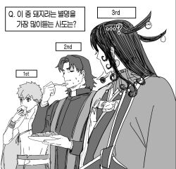  3boys ashiya_douman_(fate) bell cape closed_eyes commentary_request eating emiya_shirou fate/grand_order fate_(series) food food_in_mouth grigori_rasputin_(fate) gyogyo_hjj hair_bell hair_ornament highres holding holding_food holding_plate japanese_clothes korean_commentary korean_text kotomine_kirei male_focus mapo_tofu multiple_boys onigiri plate priest senji_muramasa_(fate) stole sweat translation_request wristband 